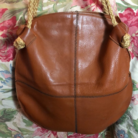 Vintage 70s Genuine 100% Leather Honey-Brown Dual-Rope Handle Round Bag GROOVY - Picture 7 of 16